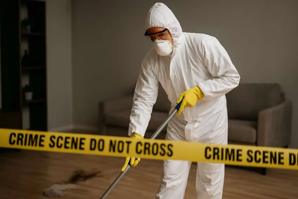 Crime scene cleanup technician mopping a contaminated floor behind caution tape in a Novi, MI home.