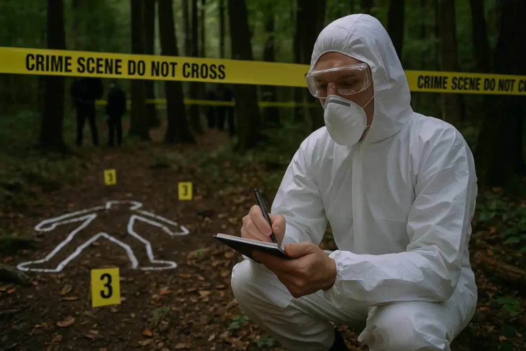 Crime scene cleanup professional in full protective gear documenting evidence in a wooded investigation area in Taylor, MI.