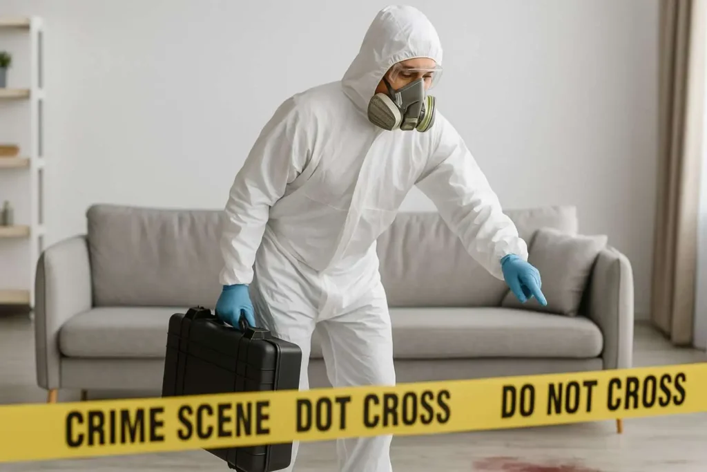 Biohazard cleanup professional in full protective gear inspecting a stained area behind crime scene tape in a home in Port Huron, MI.