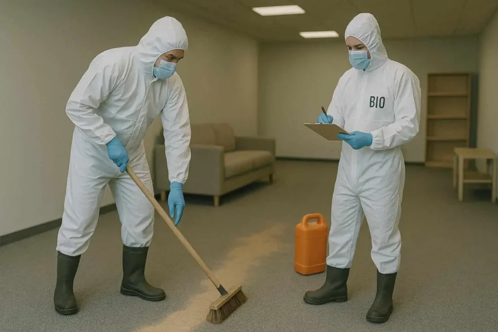 Two biohazard cleanup technicians wearing protective suits sweep and document a spill inside a building in Detroit, MI.
