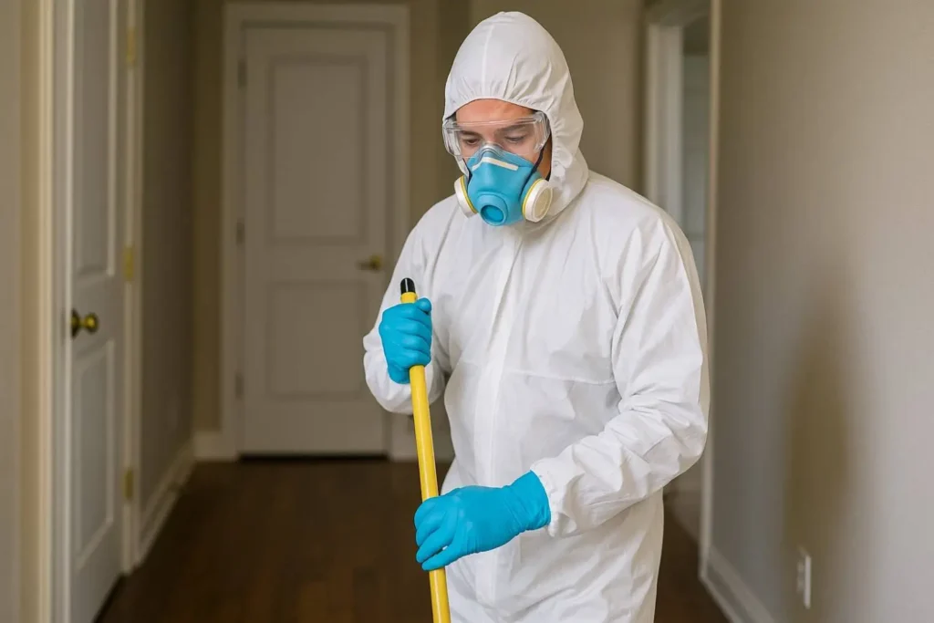 Biohazard cleanup technician in full protective suit mopping a hallway during a remediation project in Ann Arbor, MI.