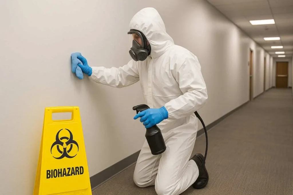 Biohazard cleaner in protective gear disinfecting a commercial hallway in Cleveland, Tennessee.