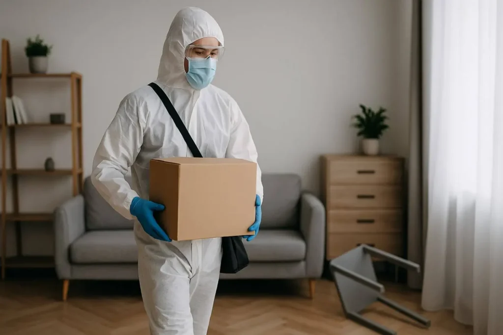 Trauma cleanup technician in protective gear carrying a sealed box inside a residential home in Detroit, MI.