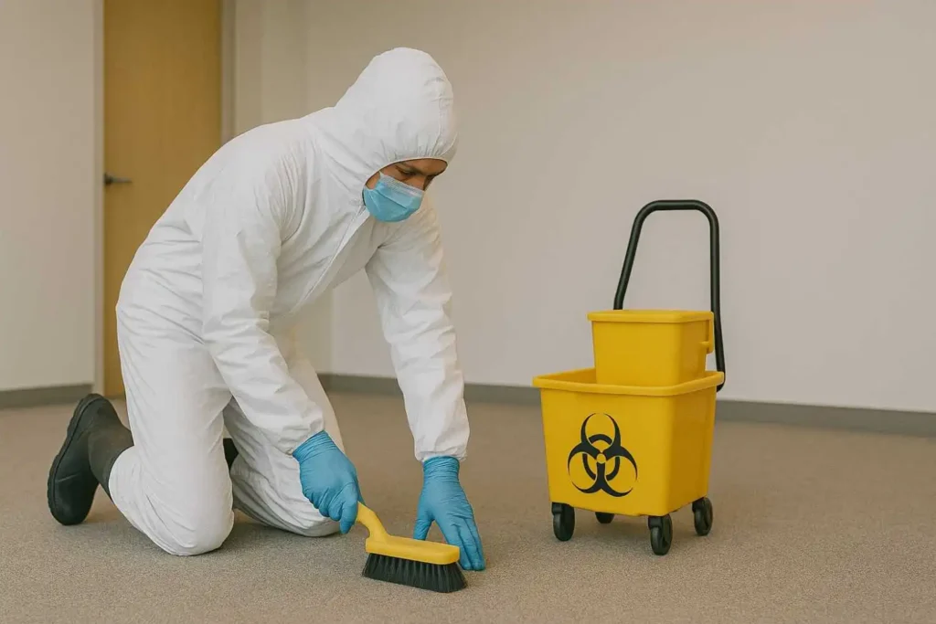 Biohazard cleanup technician in full protective gear kneeling on the floor and scrubbing a carpeted surface next to a yellow biohazard mop bucket in East Lansing, MI.