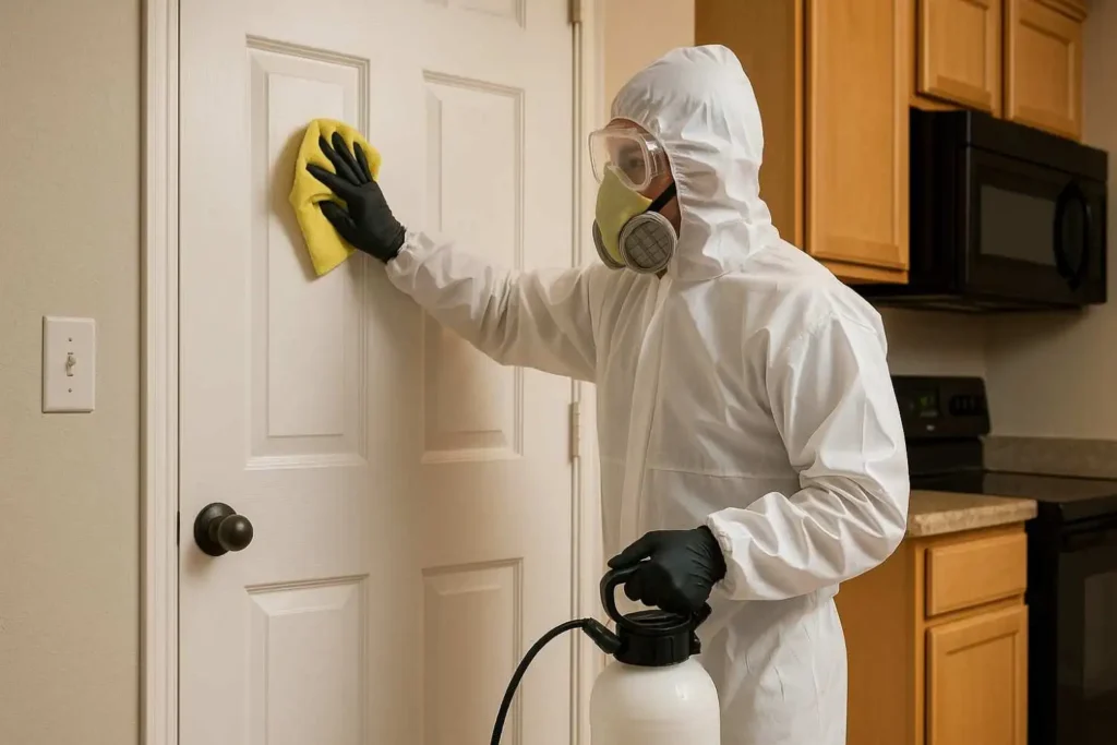 Biohazard technician disinfecting a door surface inside a home in East Ridge, Tennessee.