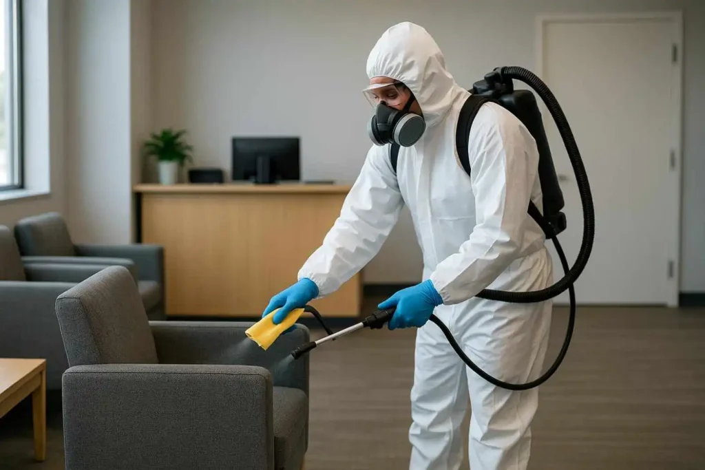 Biohazard technician disinfecting furniture in a waiting area in Gallatin, Tennessee.