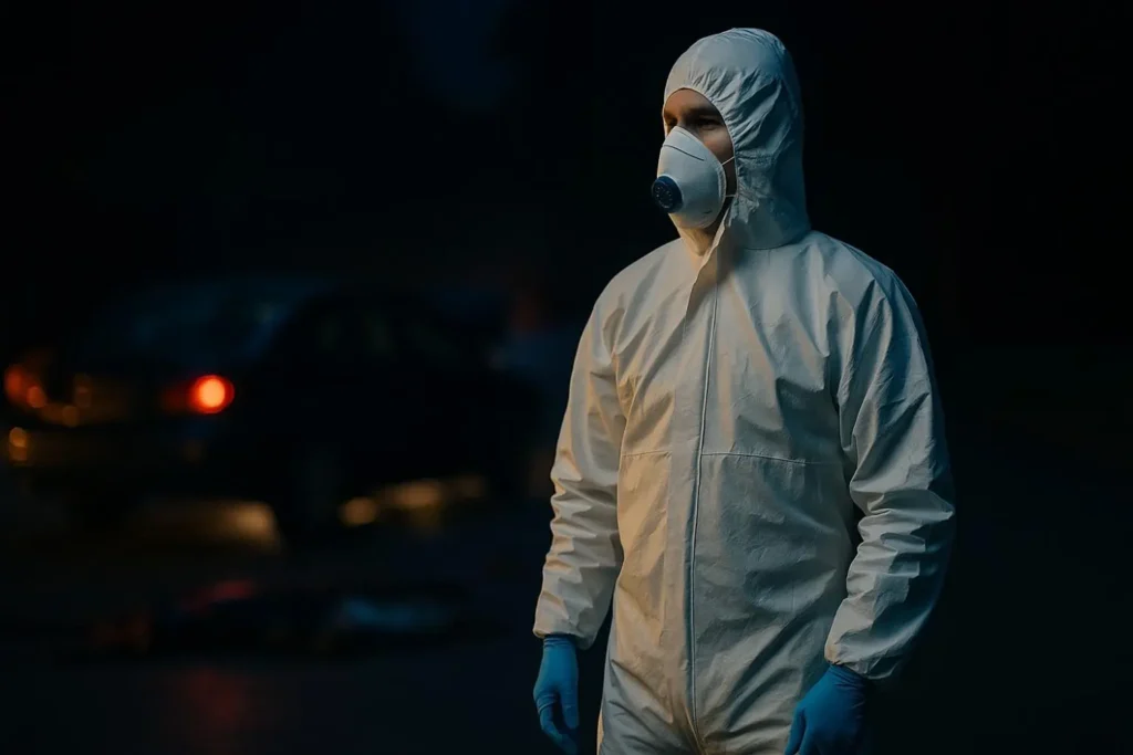 Trauma cleanup technician wearing full protective gear standing at a nighttime scene in Jackson, MI.