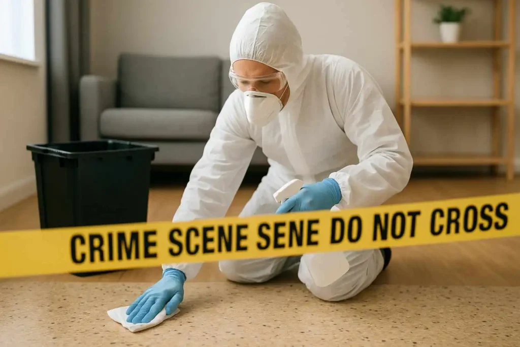 Crime scene cleanup technician in protective gear disinfecting a floor behind caution tape in a Norton Shores, MI home.