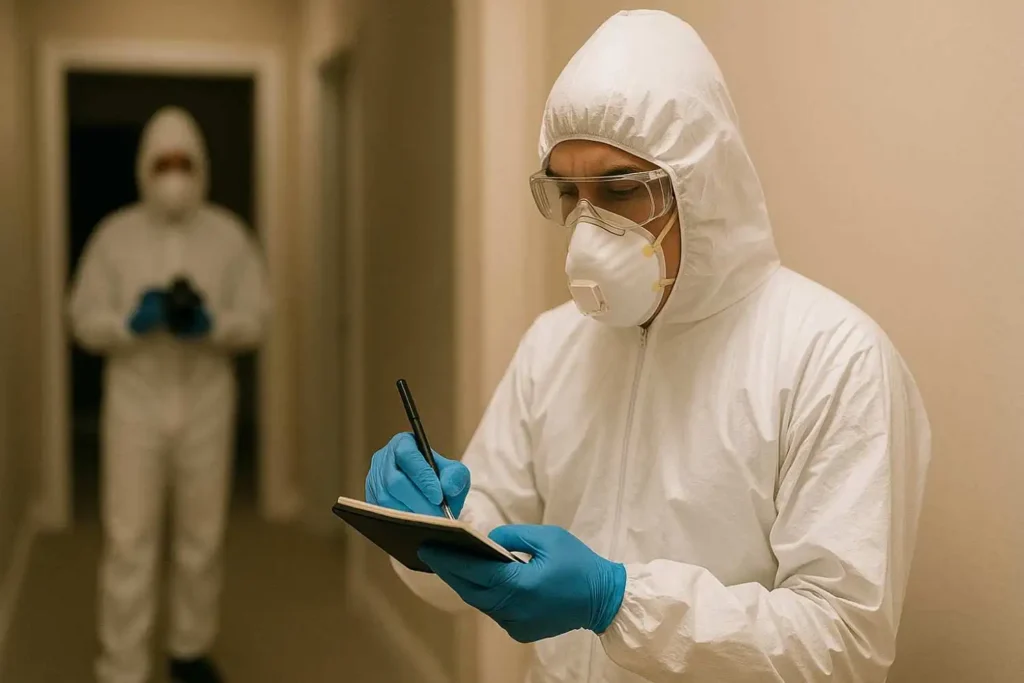 Crime scene cleanup technician in protective suit taking notes inside a hallway in Southgate, MI.