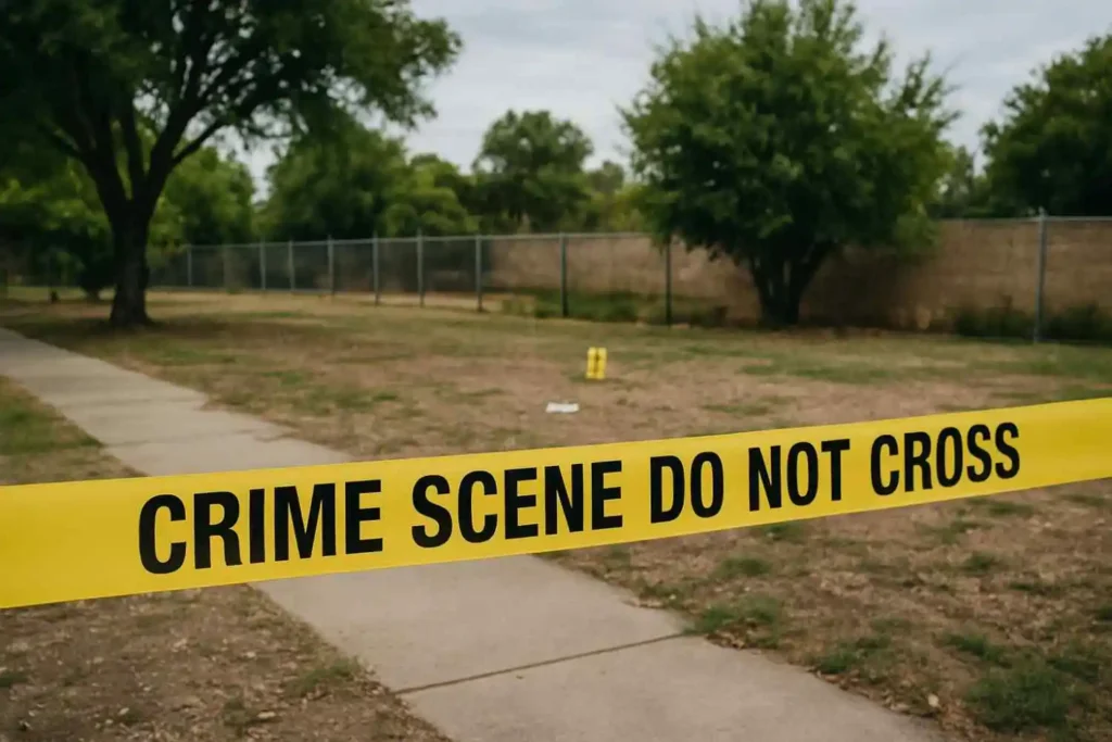 Crime scene taped off in an outdoor park area in St. Clair Shores, MI with evidence markers visible in the distance.