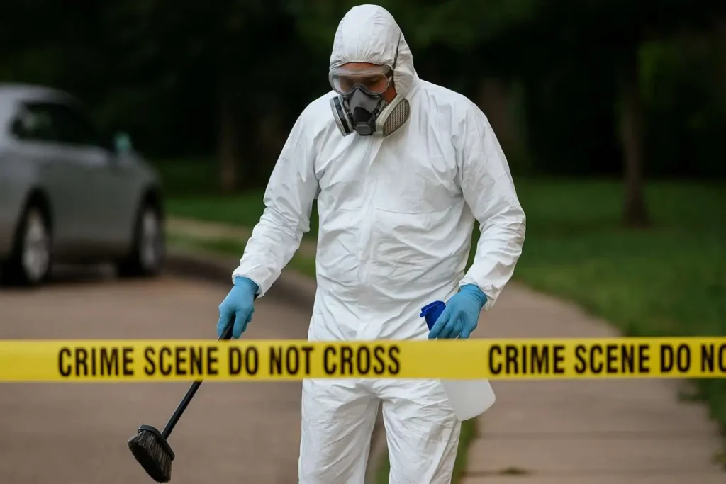 Professional trauma cleanup technician disinfecting a roadway behind police tape in Red Bank, TN.