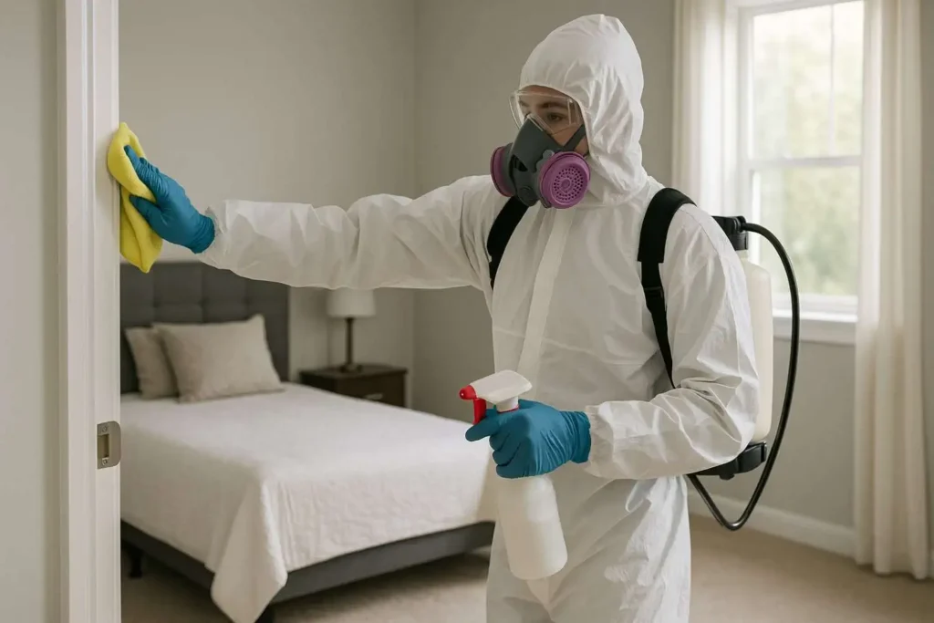 Biohazard technician disinfecting a bedroom doorway in Hendersonville, Tennessee.