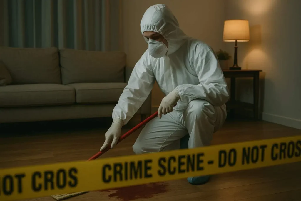 Crime scene cleanup technician mopping bloodstain behind crime scene tape in a dimly lit living room in Grand Rapids, MI.