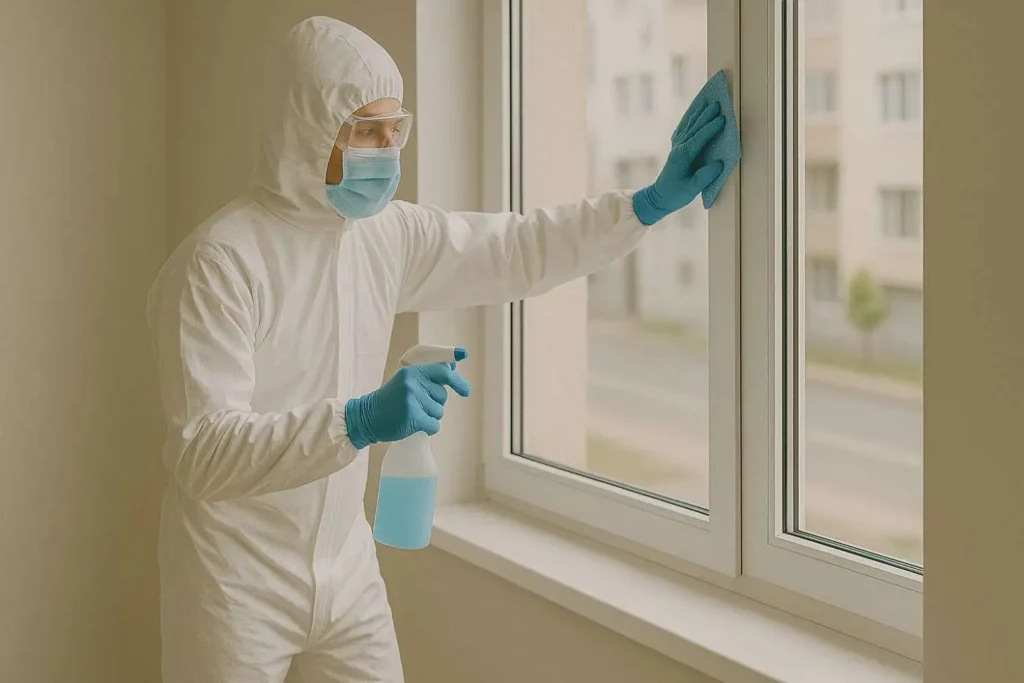 Biohazard cleaning technician in full protective gear disinfecting a window with a spray bottle and cloth in Eastpointe, MI.