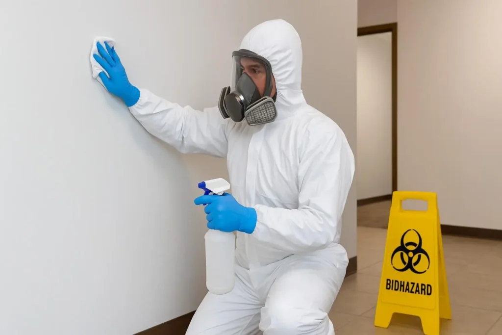 Professional biohazard cleaner disinfecting a commercial space wall in Arlington, Tennessee.