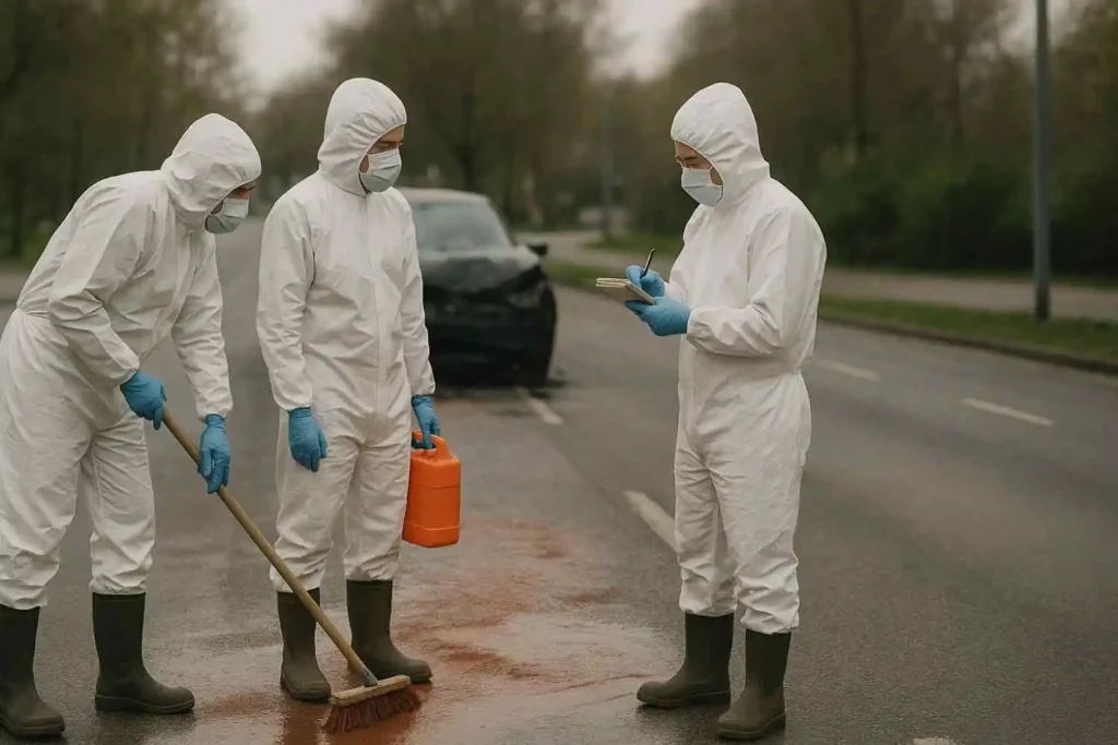 Trauma cleanup crew in protective suits cleaning a roadway after an accident in Detroit, MI.
