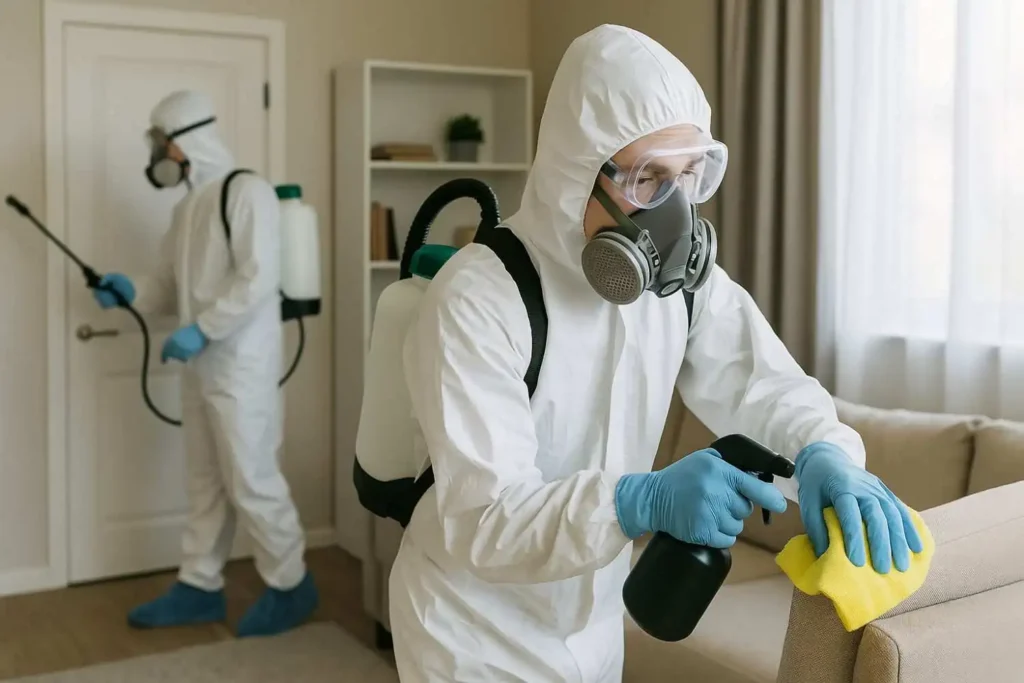 Two biohazard cleaners disinfecting a residential living room in Elizabethton, Tennessee.