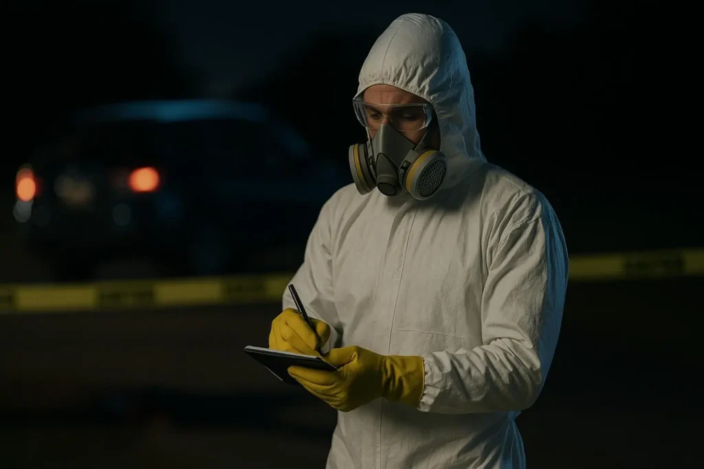 Crime scene cleanup technician in full protective gear writing notes at a nighttime scene in Hazel Park, MI.