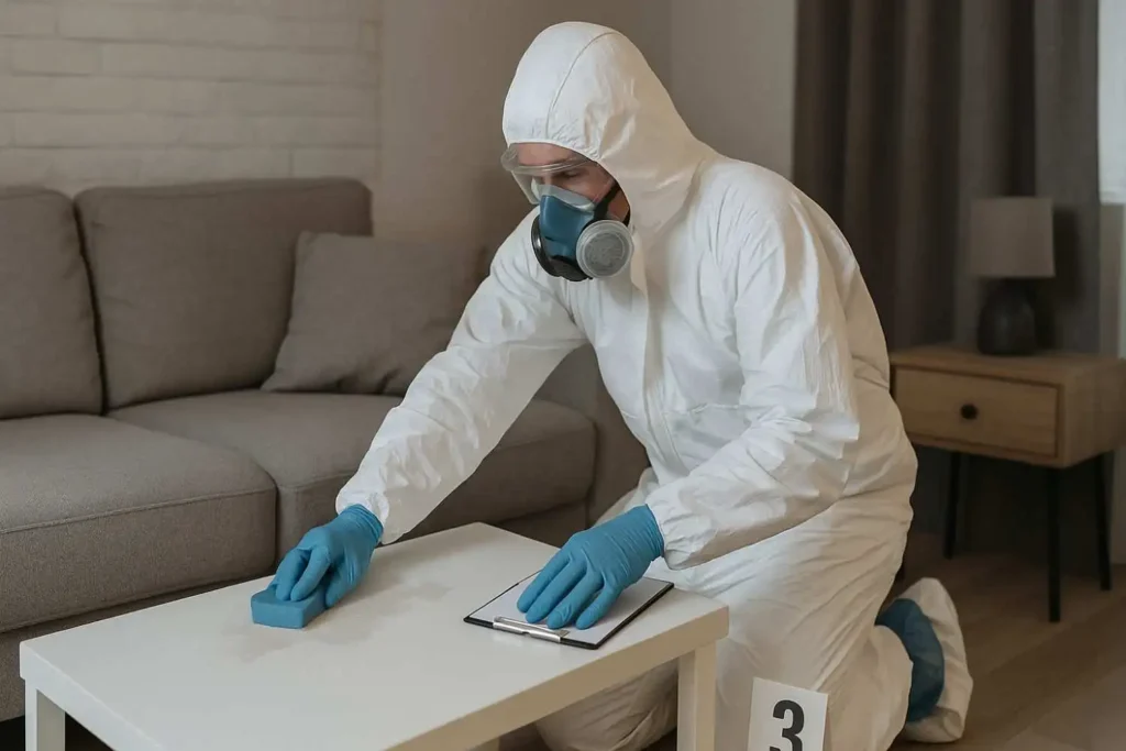 Crime scene and biohazard cleanup technician disinfecting a living room table in Holland, MI.