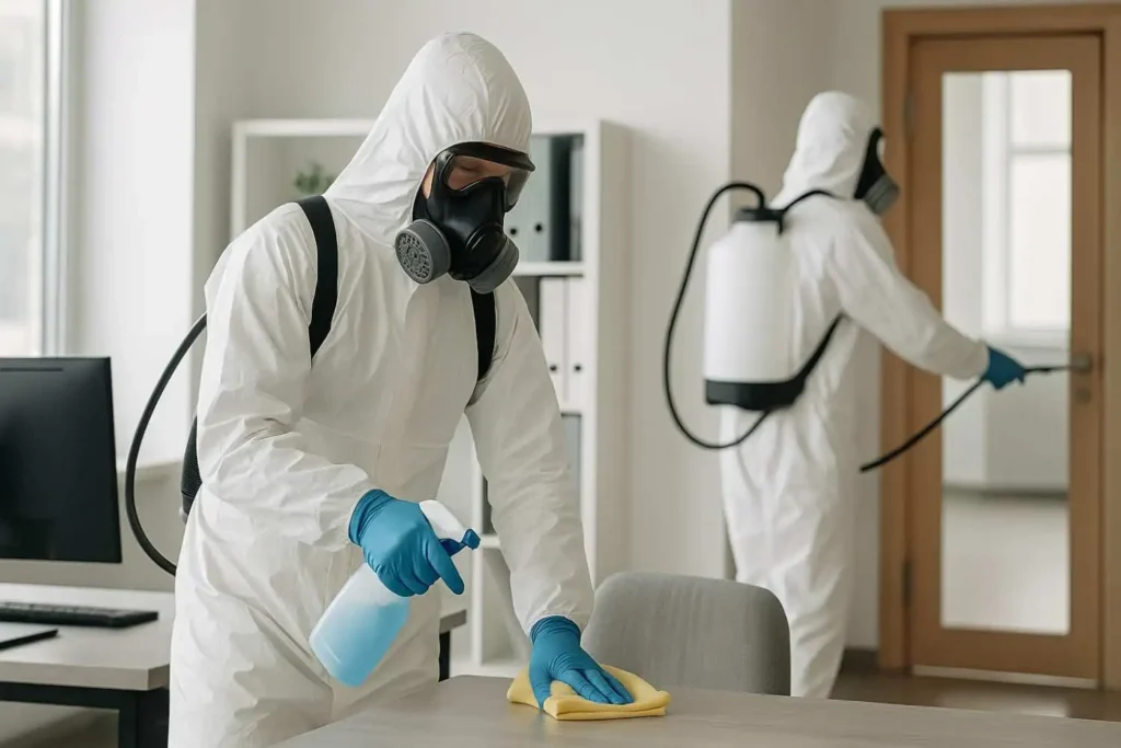 Biohazard cleaners disinfecting an office room in Johnson City, Tennessee.