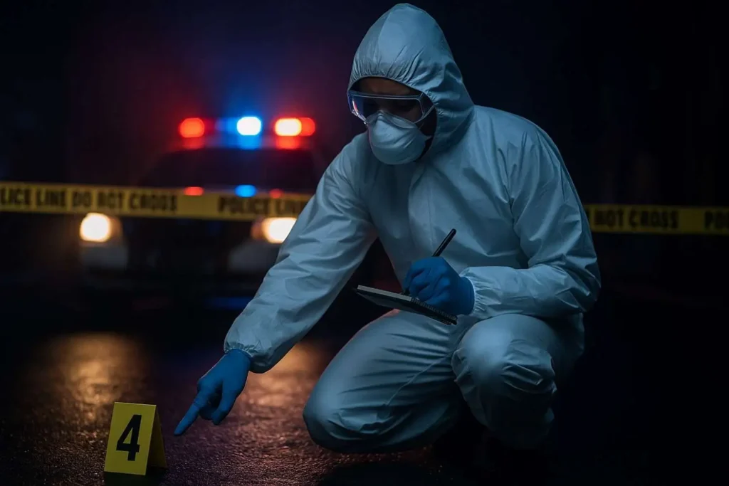 Crime scene cleanup technician in Lansing, MI documenting evidence at night near a numbered evidence marker, with police lights and caution tape in the background.