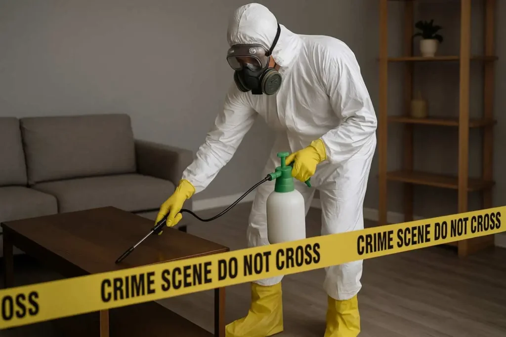 Crime scene cleanup technician in protective gear disinfecting a coffee table behind police tape in a Muskegon, MI home.