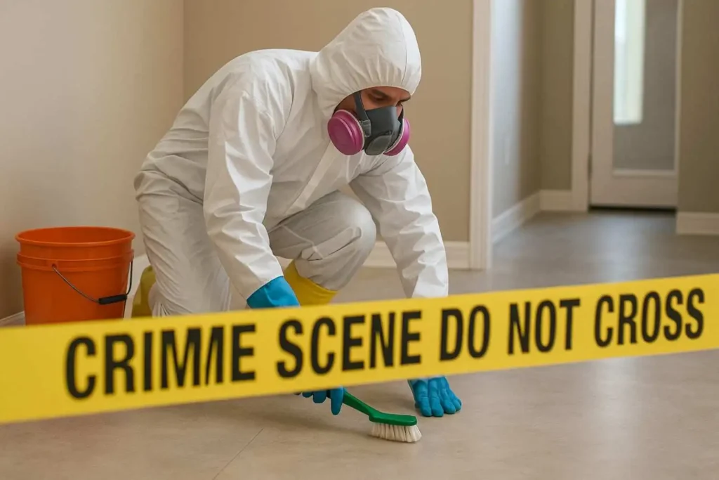 Crime scene cleanup technician in full protective gear cleaning a floor behind police tape in Nashville, TN.