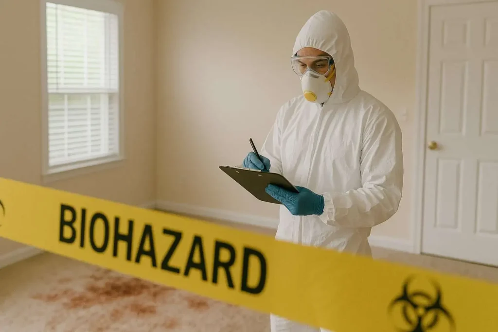 Trauma cleanup technician in full protective gear documenting a biohazard scene in a Royal Oak, MI home.