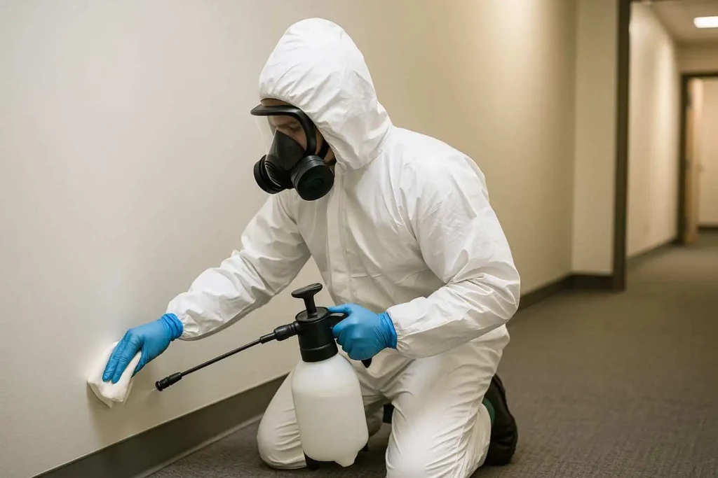 Biohazard technician disinfecting an office hallway in Soddy-Daisy, Tennessee.