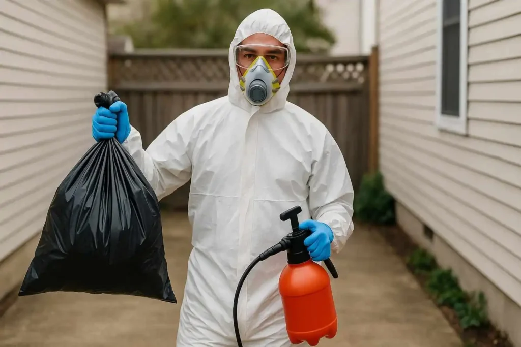 Trauma cleanup professional carrying biohazard waste and disinfectant sprayer between residential buildings in Winchester, TN.