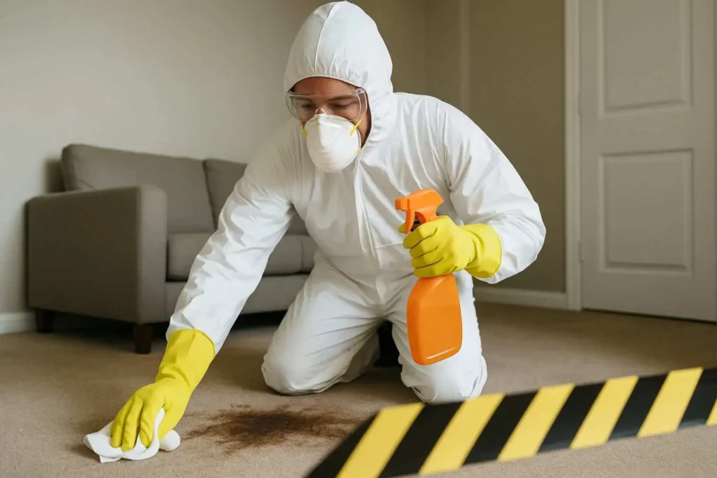 Biohazard cleanup technician in protective gear disinfecting a carpet stain in a Portage, MI home.