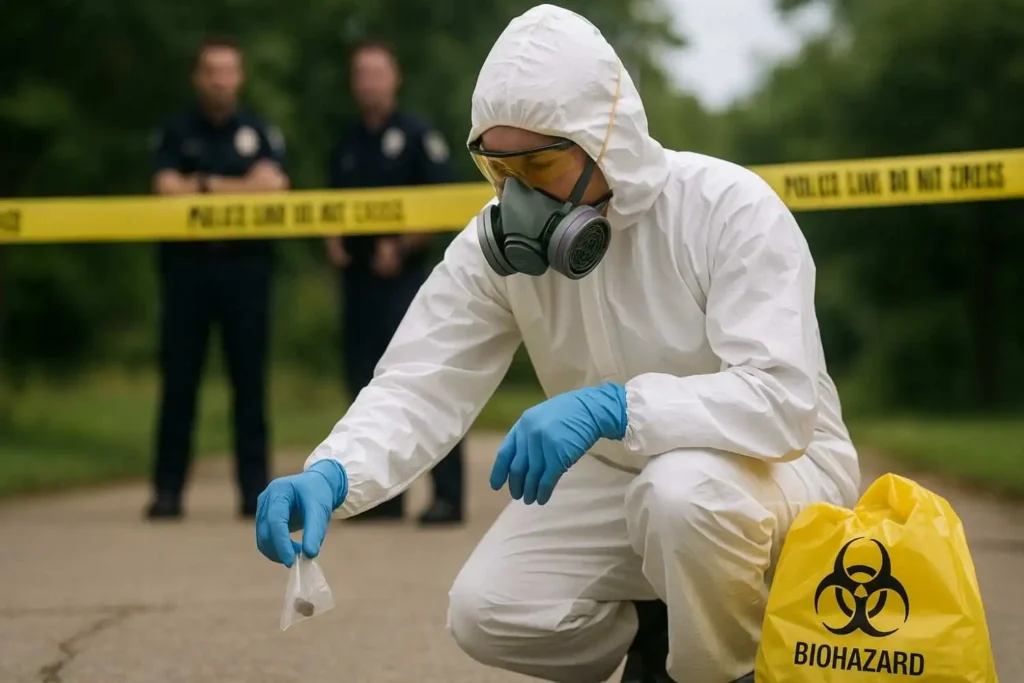 Biohazard cleanup technician in protective gear collecting evidence at an outdoor crime scene in Ypsilanti, MI.
