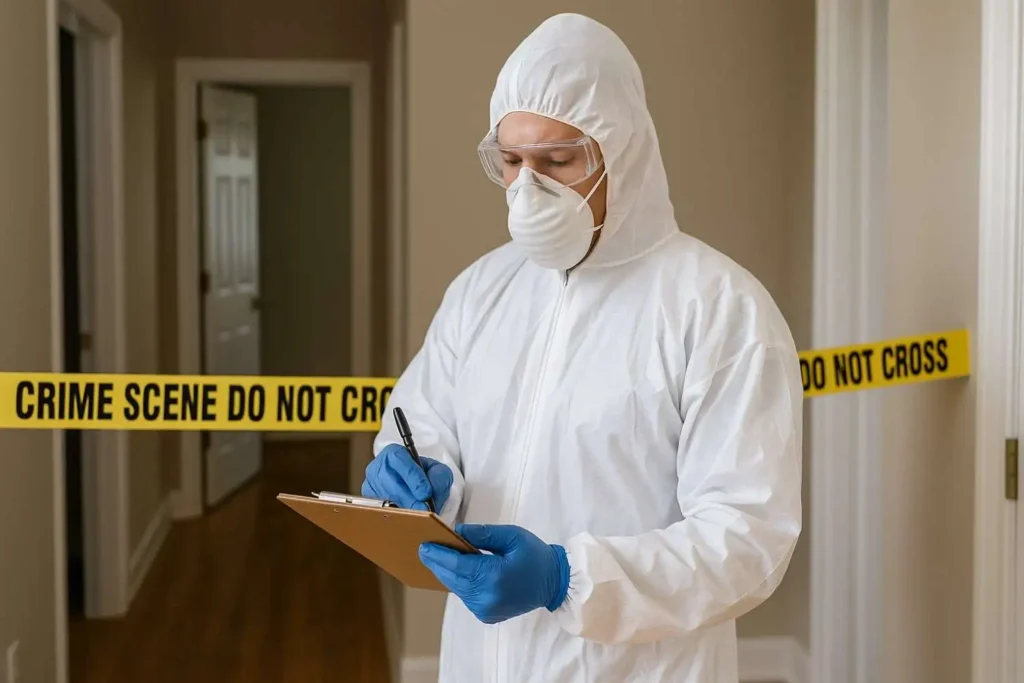 Crime scene cleanup technician documenting procedures at a secured site in Pulaski, TN.