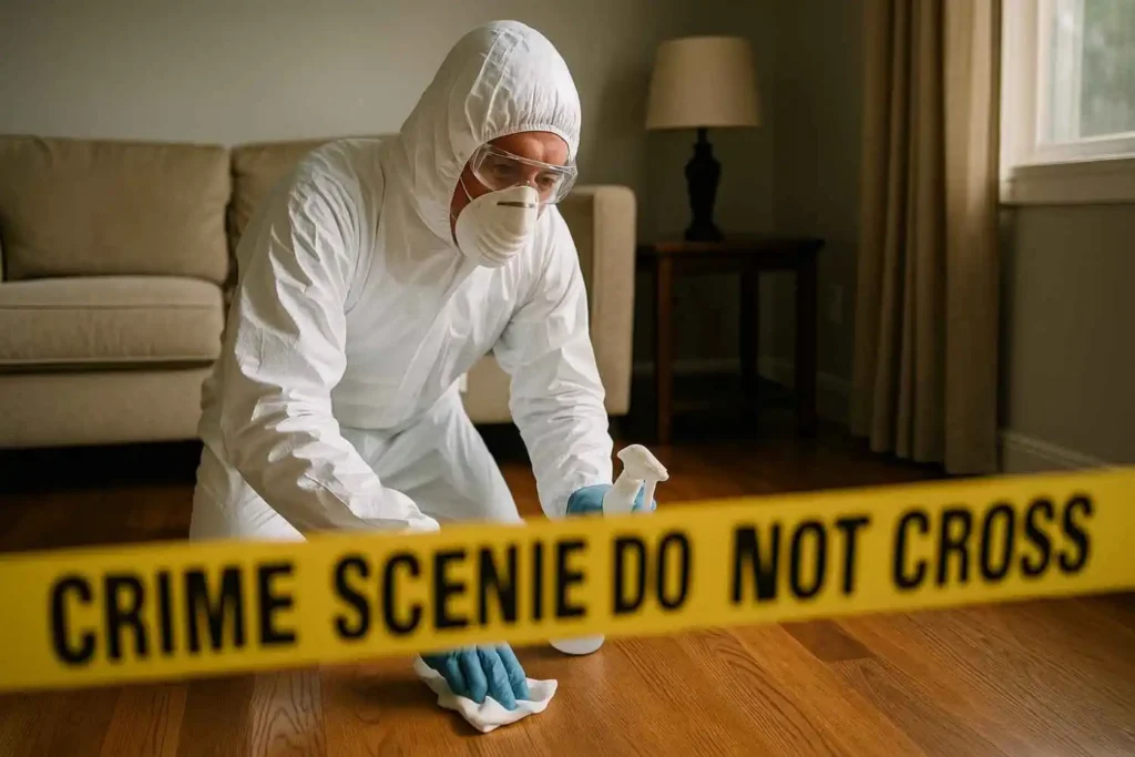 Crime scene cleanup technician in protective gear sanitizing a hardwood floor behind caution tape in a Walker, MI home.