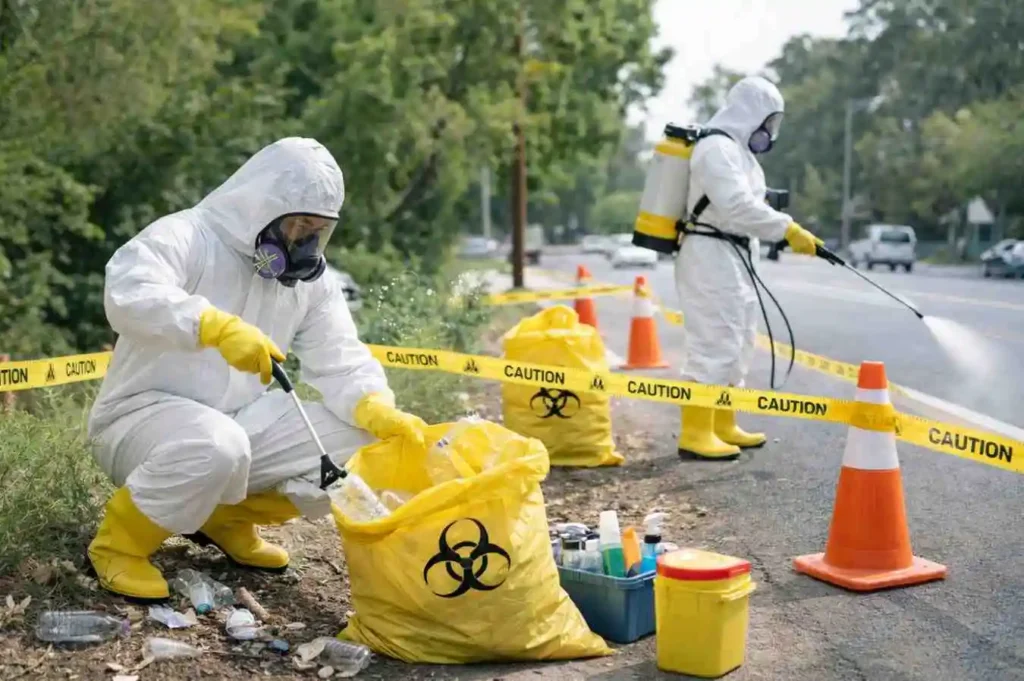 Biohazard cleanup technicians in hazmat suits disinfecting a roadside area with professional sanitation equipment