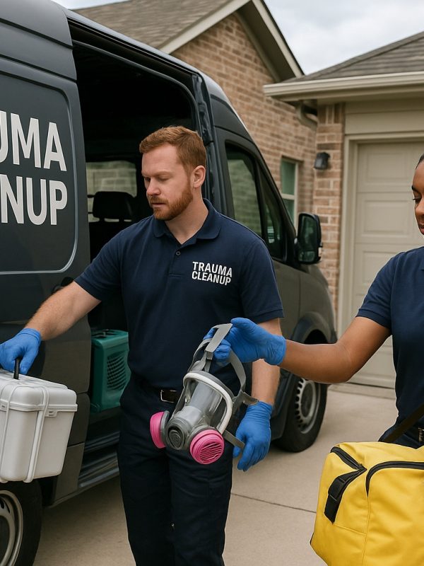 crime_scene_and_trauma_cleanup_professionals_at_a_home_in_Washington_IL See our IICRC certified trauma cleanup professionals preparing at a house in Washington IL to do a crime scene cleanup.