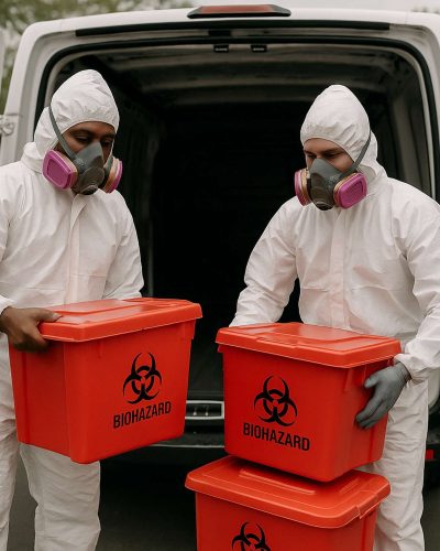 Here you can see our trauma cleanup technicians removing biohazard cleanup equipment from our van parks at a customers home in Riverside Illinois.