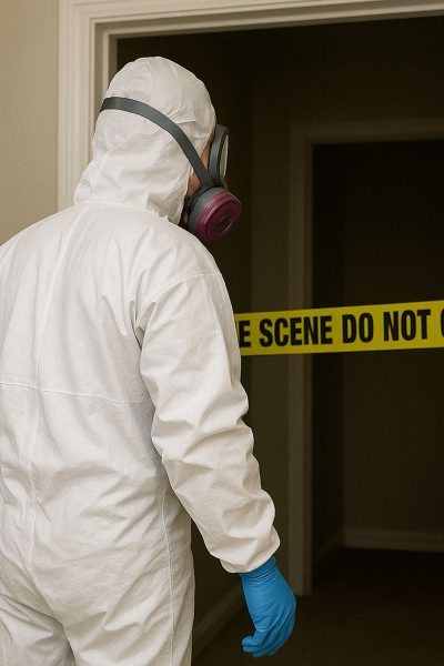 Our trauma cleanup technician begins a crime scene cleanup in River Forest by first removing the do not cross tape.