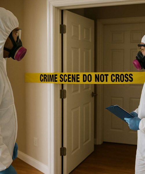 Here you see our trauma cleanup technicians crossing a crime scene tape to being the biohazard cleanup at a home in Rochelle IL.