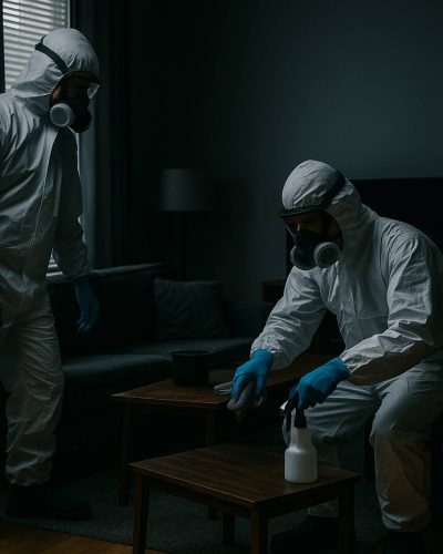 Here you can see our trauma cleanup technicians completing the biohazard removal at a crime scene cleanup in Plainfield IL, serving Naperville, Oswego, Yorkville, and Aurora IL.