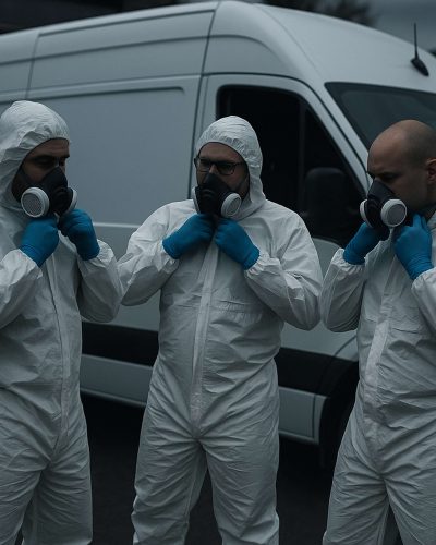 You see our three trauma cleanup technicians preparing for a crime scene cleanup at a customers home in Normal Illinois.