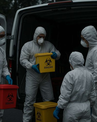 You can see our trauma cleanup technicians packing the biohazard containers after the crime scene cleanup was completed at our customers home in Normal IL.